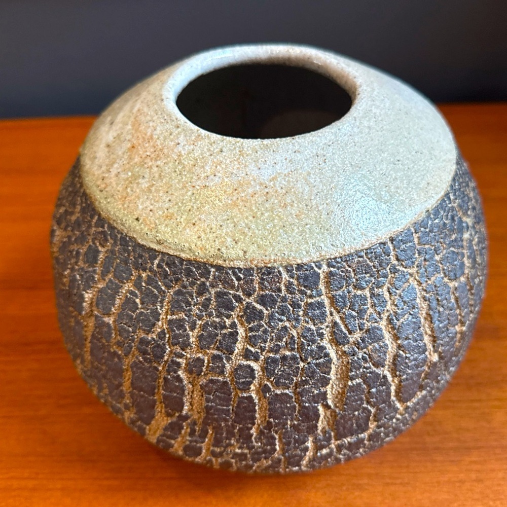 Dark brown crackle glaze vase signed art pottery Large Signed